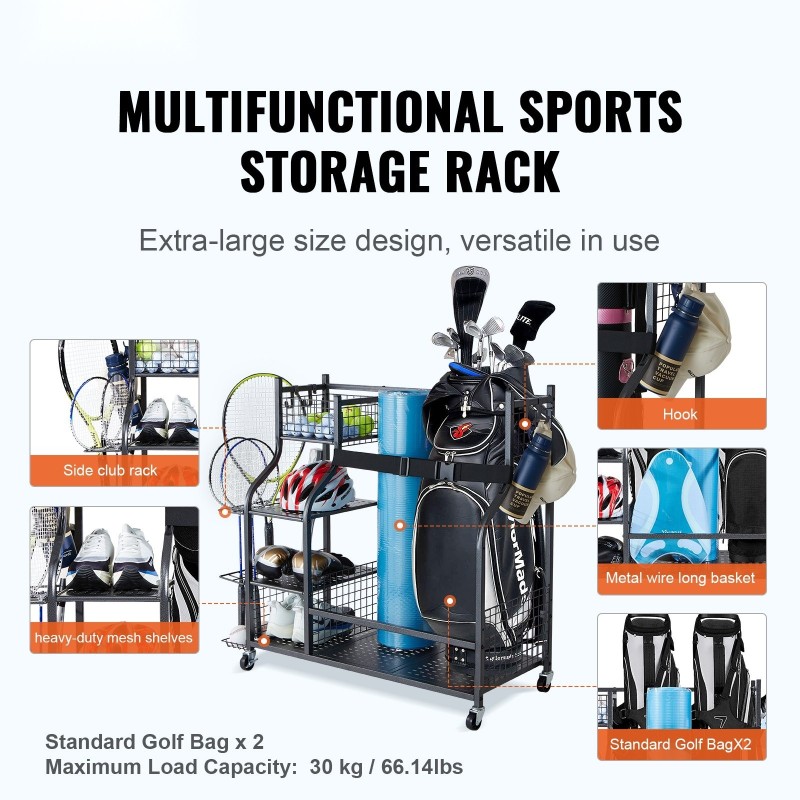 Teräksinen liikuteltava säilytyshylly golfbägeille kaksi paikkaa koreilla ja koukuilla lukittavilla pyörillä