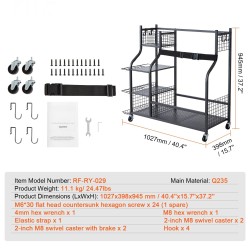 Teräksinen liikuteltava säilytyshylly golfbägeille kaksi paikkaa koreilla ja koukuilla lukittavilla pyörillä