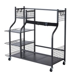 Teräksinen liikuteltava säilytyshylly golfbägeille kaksi paikkaa koreilla ja koukuilla lukittavilla pyörillä