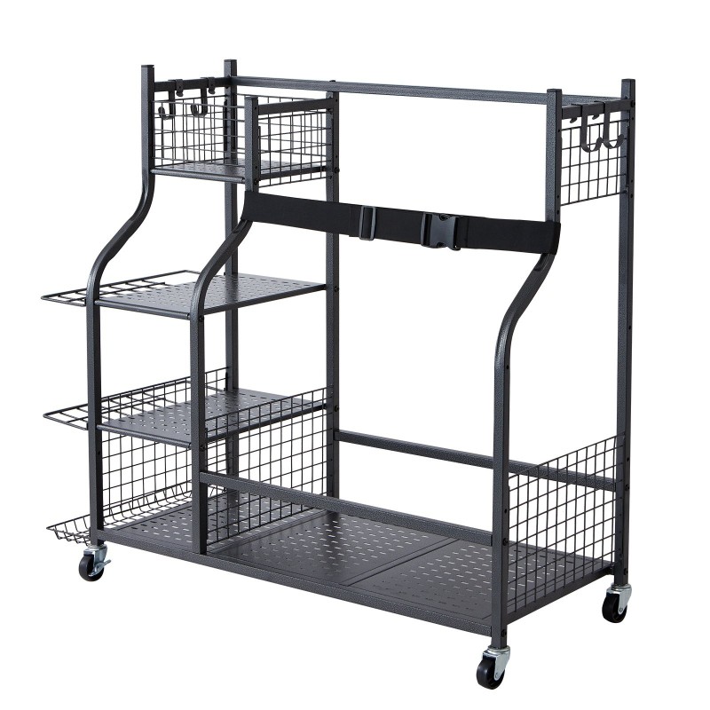 Teräksinen liikuteltava säilytyshylly golfbägeille kaksi paikkaa koreilla ja koukuilla lukittavilla pyörillä