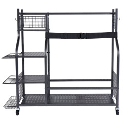 Teräksinen liikuteltava säilytyshylly golfbägeille kaksi paikkaa koreilla ja koukuilla lukittavilla pyörillä