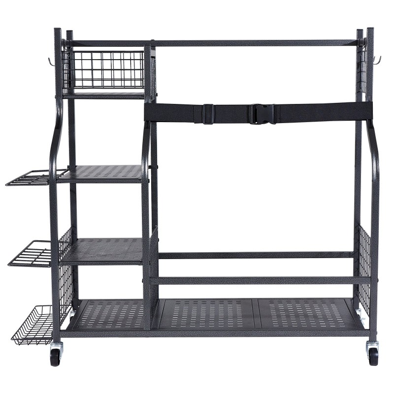 Teräksinen liikuteltava säilytyshylly golfbägeille kaksi paikkaa koreilla ja koukuilla lukittavilla pyörillä