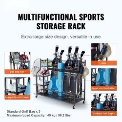 Teräksinen säilytysteline golfbagille ja varusteille 3 paikalle korit koukut pyörillä