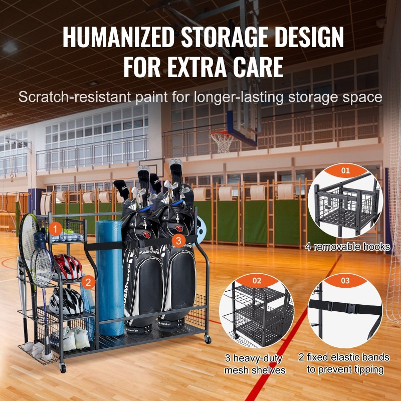 Teräksinen säilytysteline golfbagille ja varusteille 3 paikalle korit koukut pyörillä