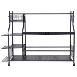 Teräksinen säilytysteline golfbagille ja varusteille 3 paikalle korit koukut pyörillä