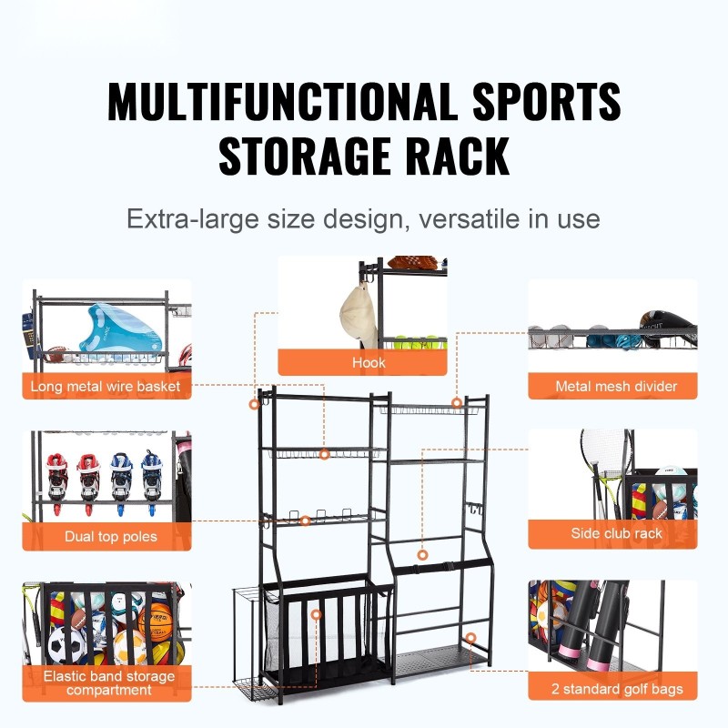 Teräksinen säilytyshylly kahdelle golfbägille koukuilla ja koreilla musta