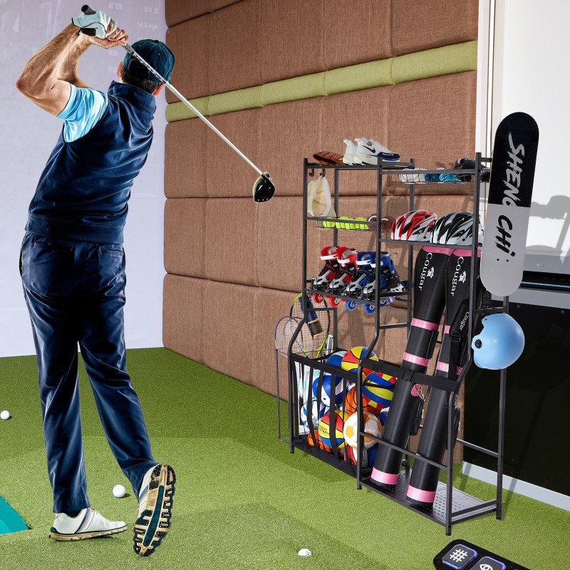 Teräksinen säilytyshylly kahdelle golfbägille koukuilla ja koreilla musta