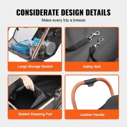 Lemmikkirattaat alumiiniseosrunko enimmäiskuorma 30 kiloa polyuretaanirenkaat verkkoikkunat irrotettava kori