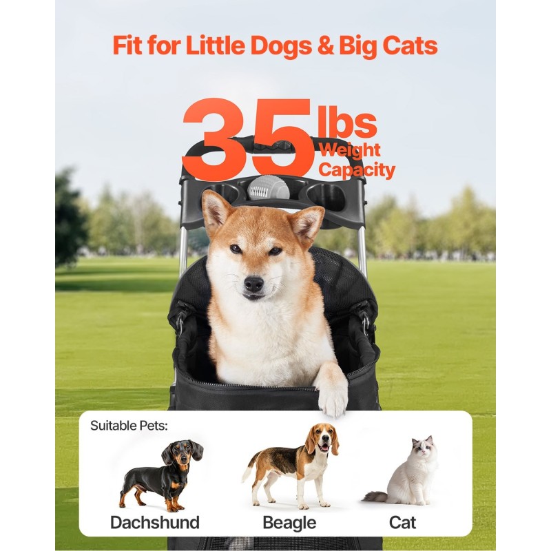 Lemmikkirattaat taittuva 16 kg kantavuus irrotettava kantokoppa verkkoikkunilla takapyörän jarrulla