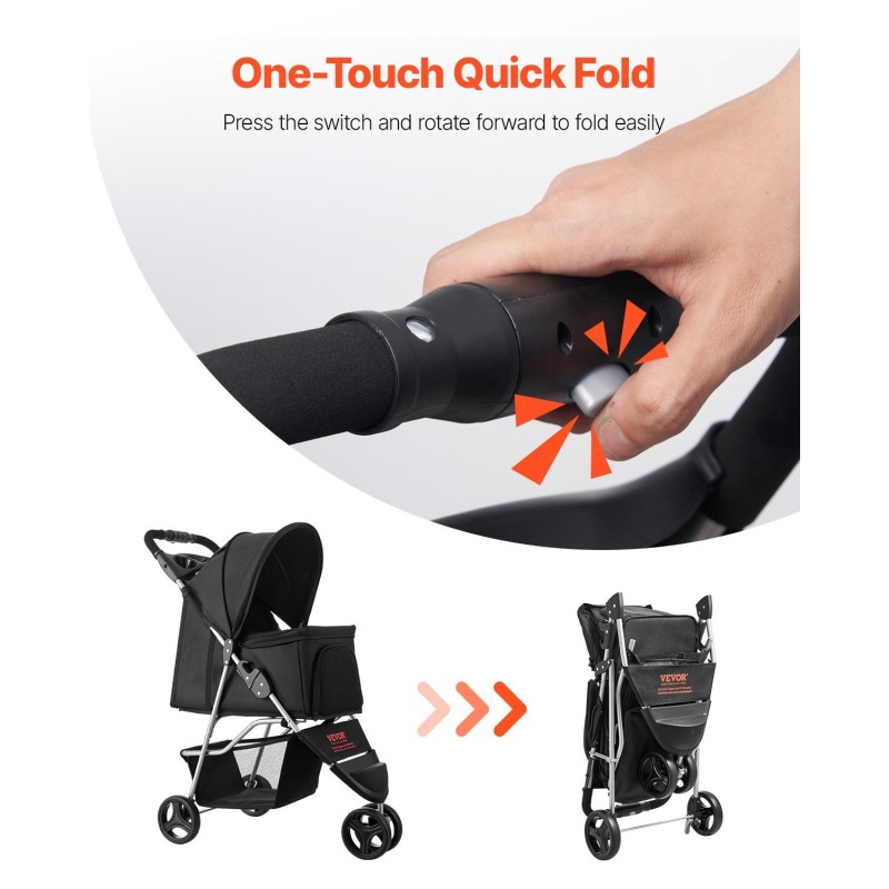 Kokoontaitettavat lemmikkirattaat 16 kg kantavuus 3 pyörää verkkoikkunat mukiteline jarru