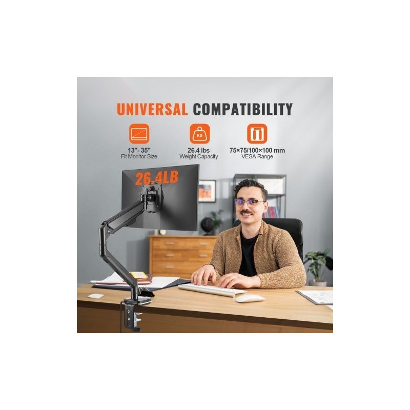 Näyttövarsi alumiiniseos 13–35 tuuman näytöille kaasujousella 12 kg kantavuus C-puristin tai läpivientikiinnitys