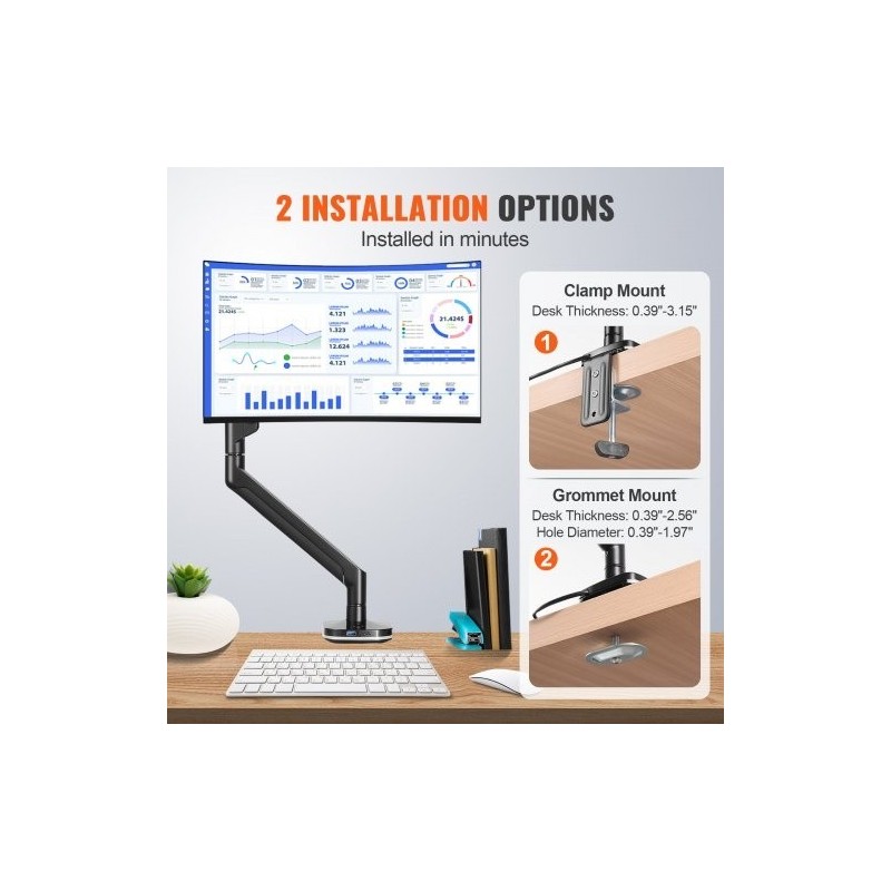 Näyttövarsi alumiiniseos 13–35 tuuman näytöille kaasujousella 12 kg kantavuus C-puristin tai läpivientikiinnitys