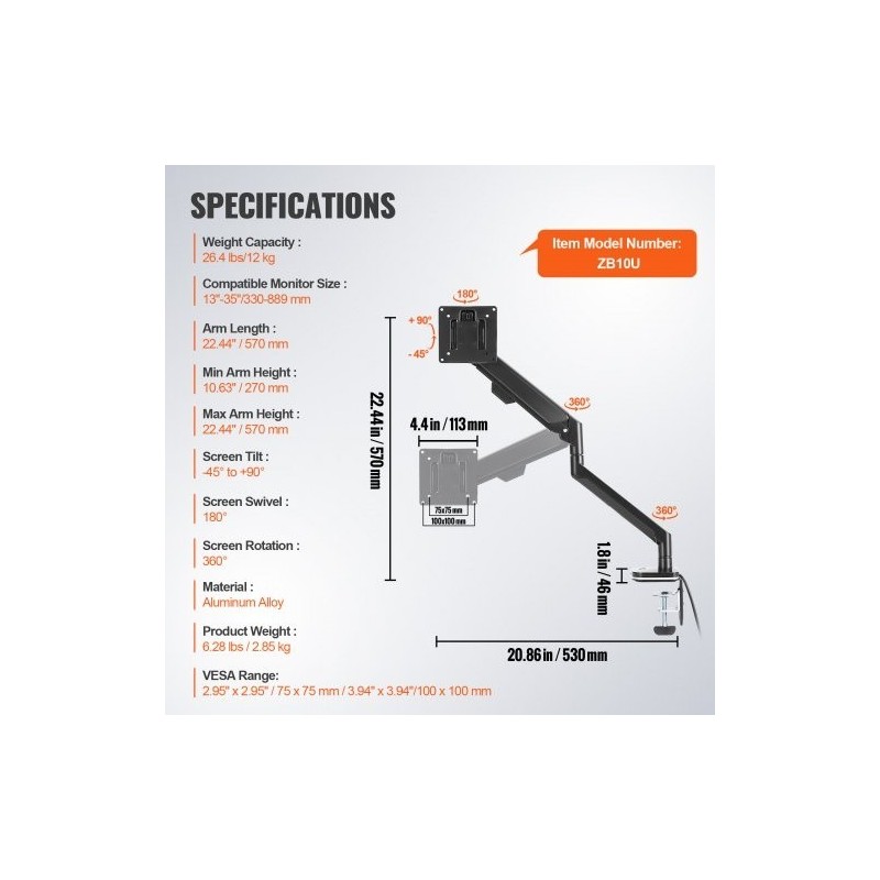 Näyttövarsi alumiiniseos 13–35 tuuman näytöille kaasujousella 12 kg kantavuus C-puristin tai läpivientikiinnitys