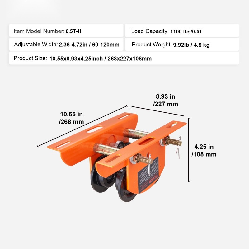 Käsikäyttöinen teräksinen siltavaunu 499 kg kantavuus 6–12 cm I- ja H-palkkeihin sopiva