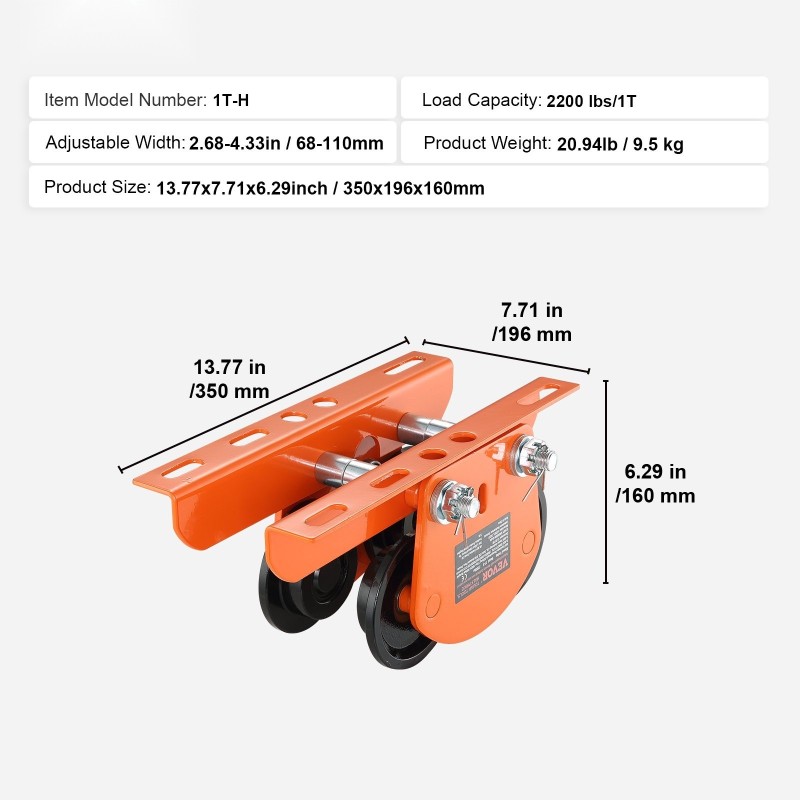 Teräksinen käsikäyttöinen siltakelkka 998 kg kantavuus 68–110 mm laipanleveys nelipyöräinen