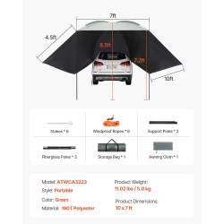 Auton sivukatos 10 x 7 jalkaa 190T polyesterikangas PU2000mm UV50+ kantolaukulla