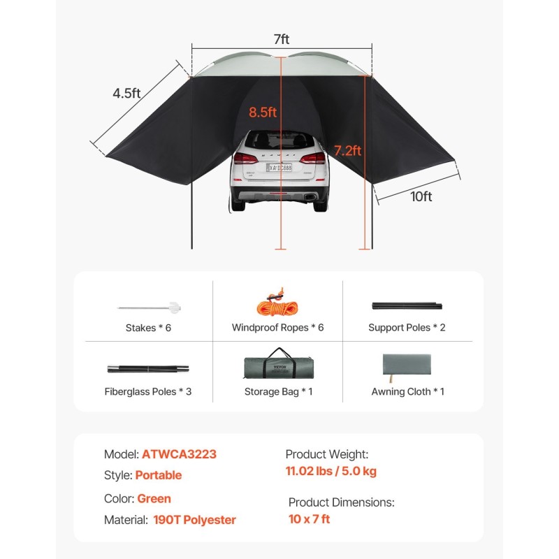 Auton sivukatos 10 x 7 jalkaa 190T polyesterikangas PU2000mm UV50+ kantolaukulla
