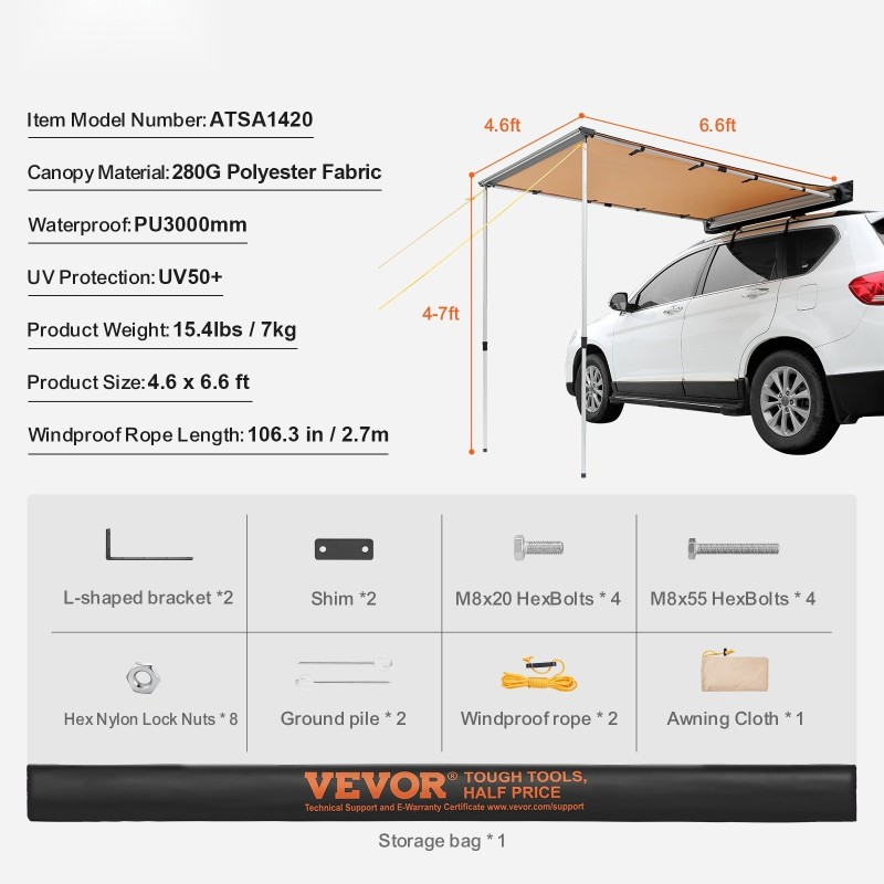 Auton sivumarkiisi polyesterikangas 4,6 x 6,6 jalkaa vedenpitävä säilytyslaukulla