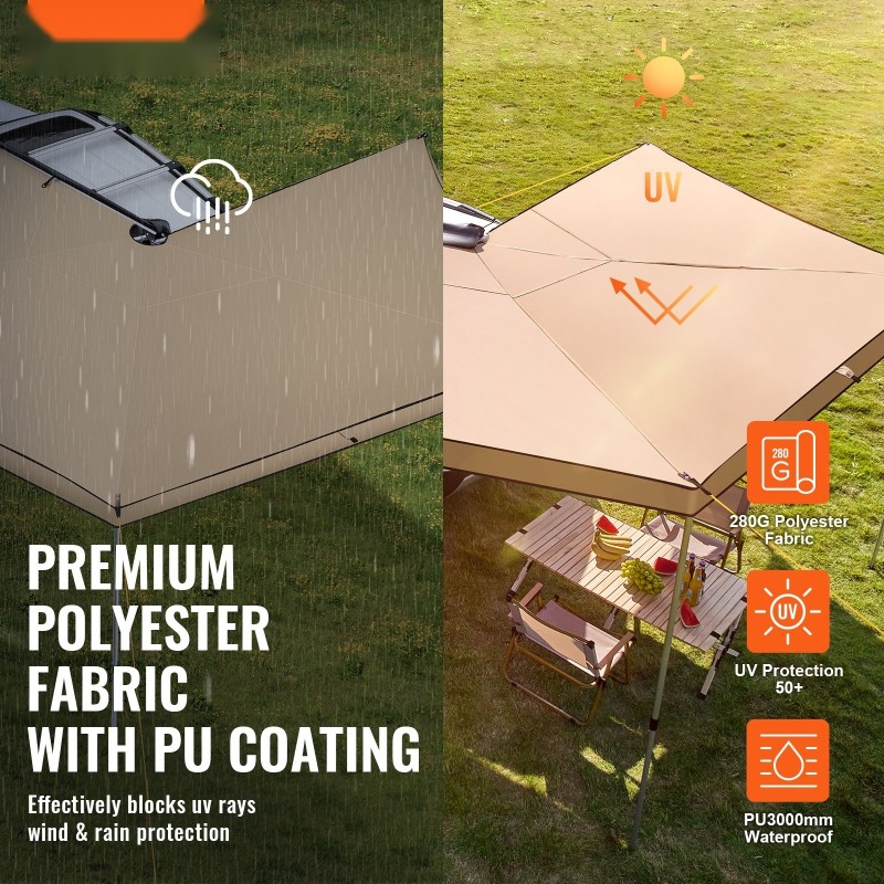 Auton markiisi 270 asteen 8.2-jalkainen 280 g polyesterikangas vedenpitävä UV-suojattu alumiinipylväät