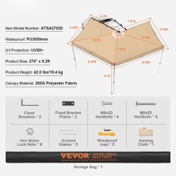 Auton markiisi 270 asteen 8.2-jalkainen 280 g polyesterikangas vedenpitävä UV-suojattu alumiinipylväät