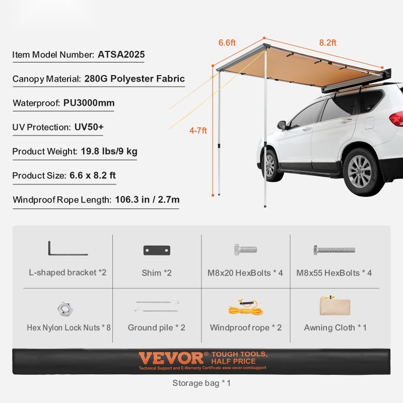 Auton sivumarkiisi 280G polyesterikangas 6.6x8.2 jalkaa vedenpitävä PU3000mm UV50+