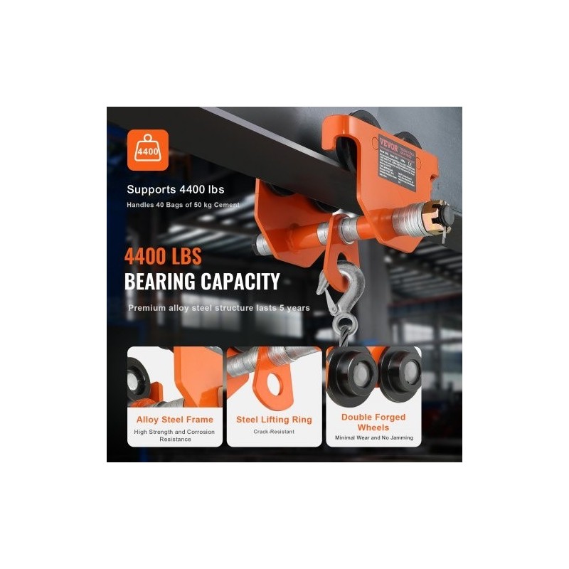 Käsikäyttöinen siltanosturin vaunu seosterästä 2 t kantavuus säädettävä laipan leveys 6,3–20,3 cm