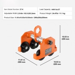 Käsikäyttöinen siltanosturin vaunu seosterästä 2 t kantavuus säädettävä laipan leveys 6,3–20,3 cm