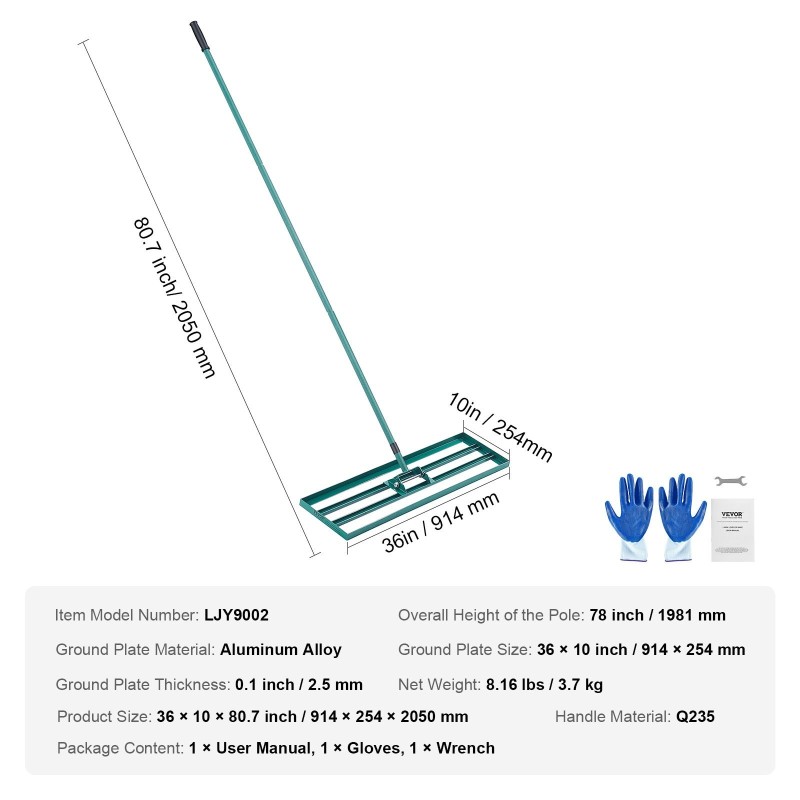 Nurmikon tasoitusharava alumiinipaneeli 914x254 mm pitkä teräsvarsi