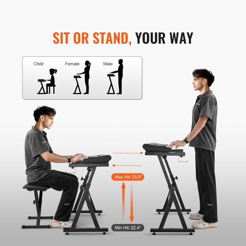 Pianokoskettimien teline ja säädettävä penkki Z-mallinen 54–88-koskettimille kantokyky 250 paunaa pyörillä