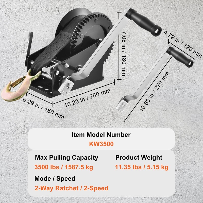 Käsivinssi 1587 kg vetokyky 1005 cm polyesterihihna veneille peräkärryille ja ATV-ajoneuvoille