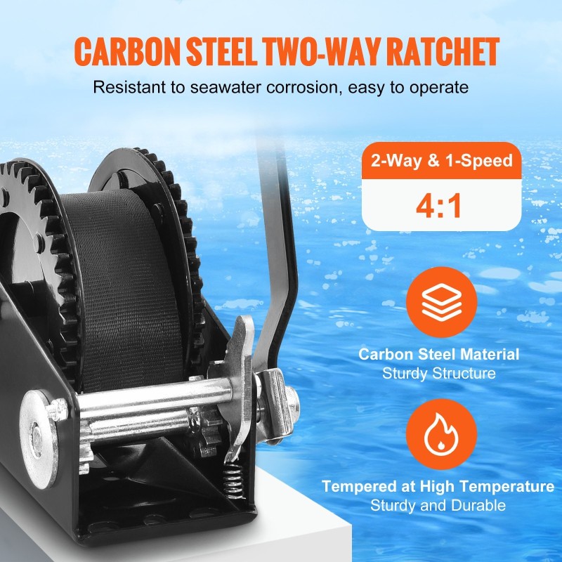 Käsivinssi 907 kg vetokyky 7 m polyesterihihna trailerille veneelle mönkijälle