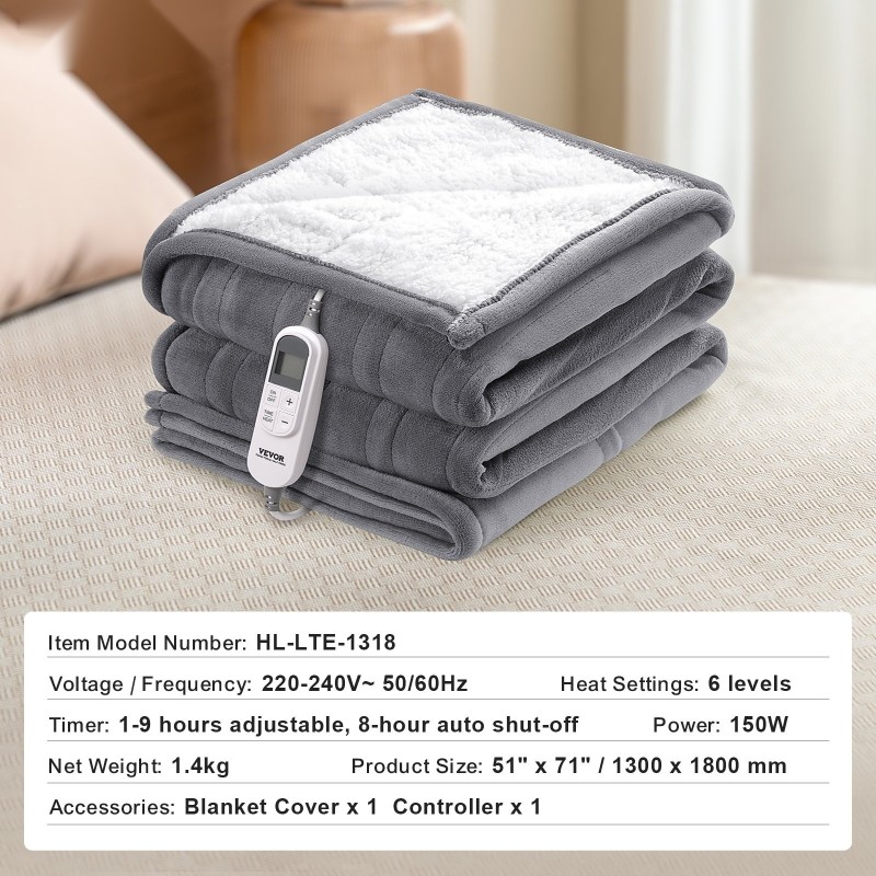 Sähkölämmityspeitto 130 x 180 cm pehmeä flanelli lampaankarvainen 6 lämpötilatasoa ajastin