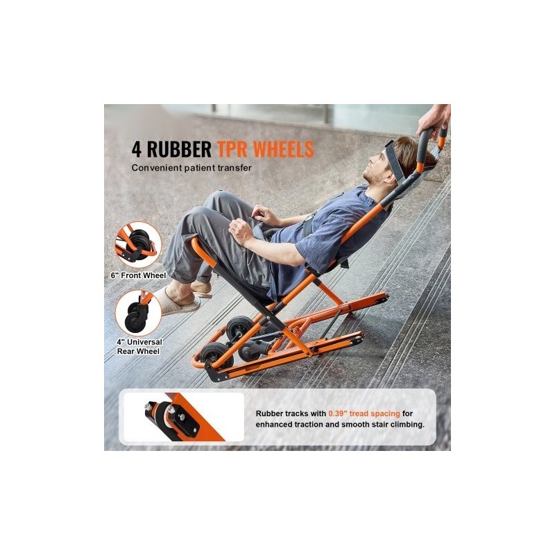 Manuaalinen porrastuoli alumiiniseosrungolla kokoontaitettava 159 kg kantavuus neljällä pyörällä evakuointiin ja siirtoihin