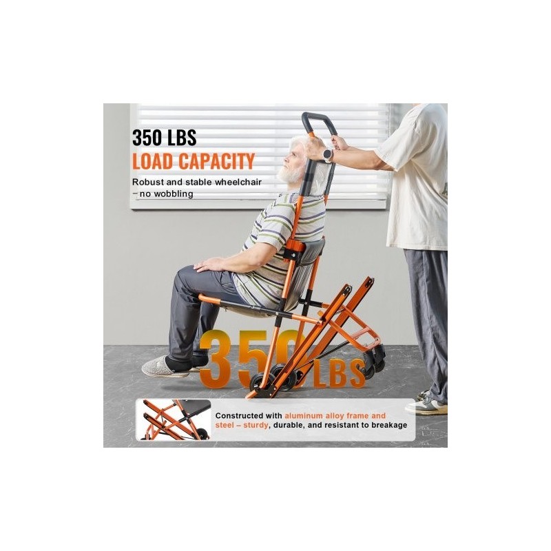 Manuaalinen porrastuoli alumiiniseosrungolla kokoontaitettava 159 kg kantavuus neljällä pyörällä evakuointiin ja siirtoihin