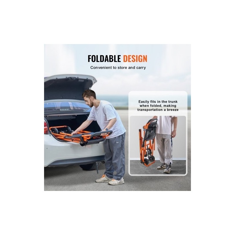 Manuaalinen porrastuoli alumiiniseosrungolla kokoontaitettava 159 kg kantavuus neljällä pyörällä evakuointiin ja siirtoihin