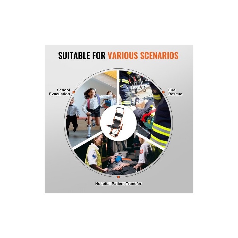 Manuaalinen porrastuoli alumiiniseosrungolla kokoontaitettava 159 kg kantavuus neljällä pyörällä evakuointiin ja siirtoihin