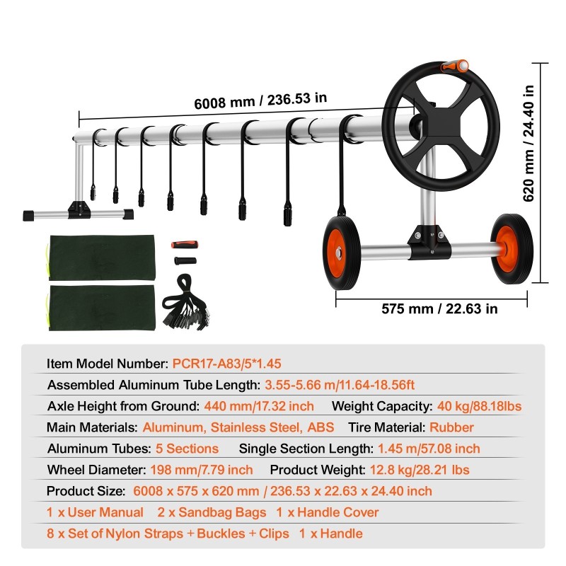 Alumiininen altaanpeitteen rulla upotetuille uima-altaaille 1,22–5,49 metriä leveille kumipyörillä ja hiekkasäkeillä