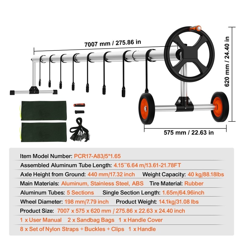 Alumiininen allaspeitteen kelarulla säädettävä 5–22 jalan leveydelle kumipyörillä ja hiekkasäkeillä