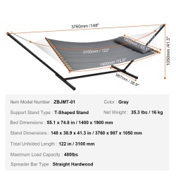 Tikattu kahden hengen puuvillariippumatto 1400 x 1900 mm jalustolla 480 paunan kantavuus
