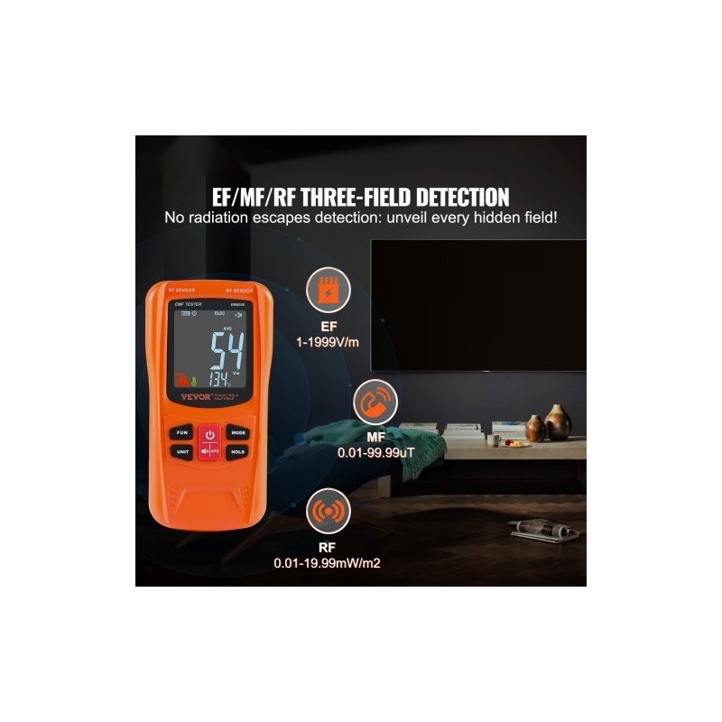 Kolmitoiminen sähkömagneettikenttämittari EF-, MF- ja RF-mittauksiin 5Hz–6GHz ladattava käsikäyttöinen