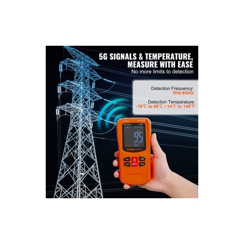Kolmitoiminen sähkömagneettikenttämittari EF-, MF- ja RF-mittauksiin 5Hz–6GHz ladattava käsikäyttöinen