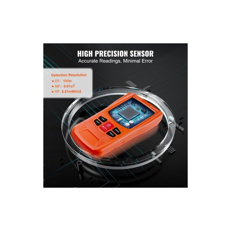 Kolmitoiminen sähkömagneettikenttämittari EF-, MF- ja RF-mittauksiin 5Hz–6GHz ladattava käsikäyttöinen