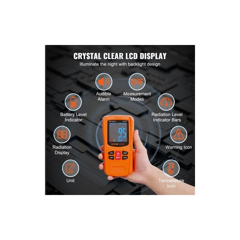 Kolmitoiminen sähkömagneettikenttämittari EF-, MF- ja RF-mittauksiin 5Hz–6GHz ladattava käsikäyttöinen