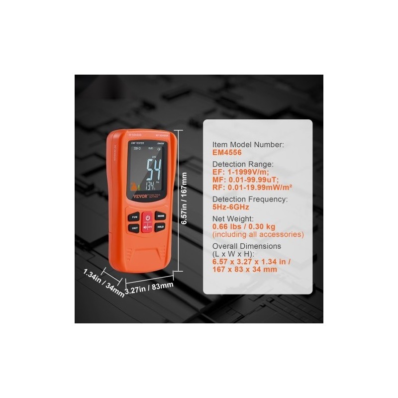 Kolmitoiminen sähkömagneettikenttämittari EF-, MF- ja RF-mittauksiin 5Hz–6GHz ladattava käsikäyttöinen