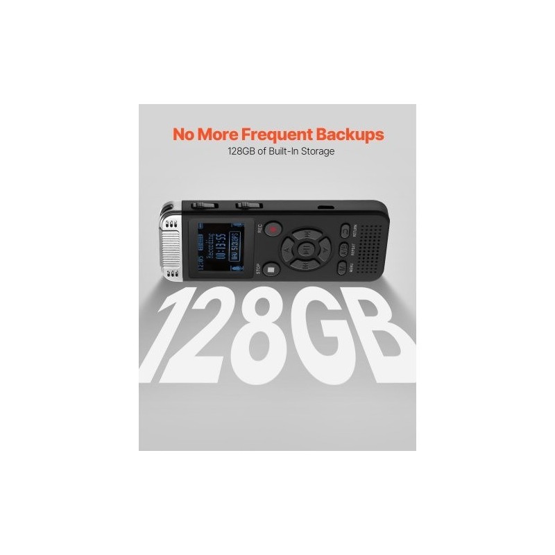 Digitaalinen ääninauhuri 128GB sisäinen muisti 1,4-tuumainen näyttö 800mAh-akku ääniaktivointi