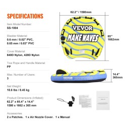 Vedettävä vesirengas 1–3 hengelle 231 kg kantavuus nylonpäällinen sivuevät pehmustetut EVA kahvat