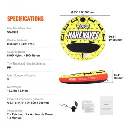 Täytettävä hinattava vesirengas 1–3 käyttäjälle kestävä nylonpäällinen halkaisija 1600 mm