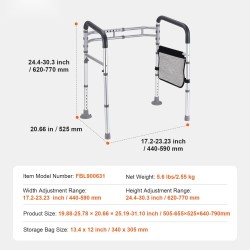 WC-turvakaide alumiiniseoksesta säädettävä taittuva pehmustetuilla kahvoilla liukumattomilla jaloilla ikäihmisille toipilaille