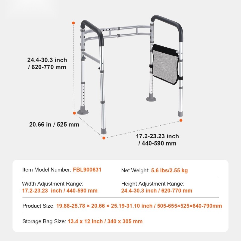 WC-turvakaide alumiiniseoksesta säädettävä taittuva pehmustetuilla kahvoilla liukumattomilla jaloilla ikäihmisille toipilaille