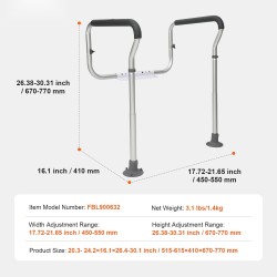 WC-turvakaide alumiiniseosta säädettävä leveys ja korkeus kantavuus 136 kg pehmustetut käsinojat imukuppijalat